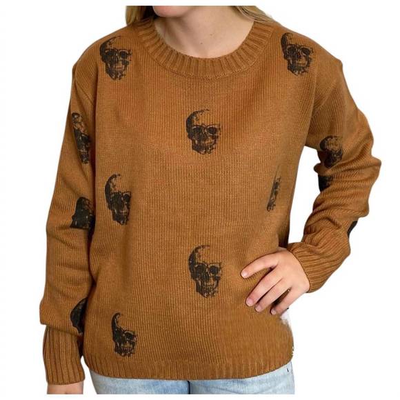 NEW PANACHE APPAREL long sleeve sweater with skulls in camel - Picture 1 of 2